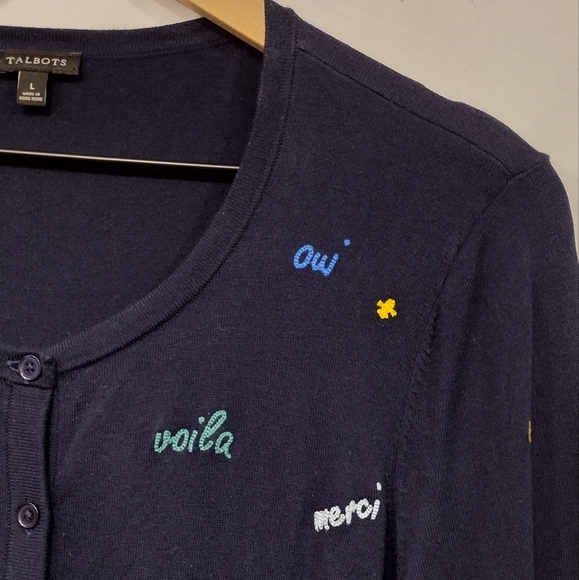 Talbots Charming Embroidered Sweater Cardigan Women's L Blue French Artsy Retro - Picture 5 of 12